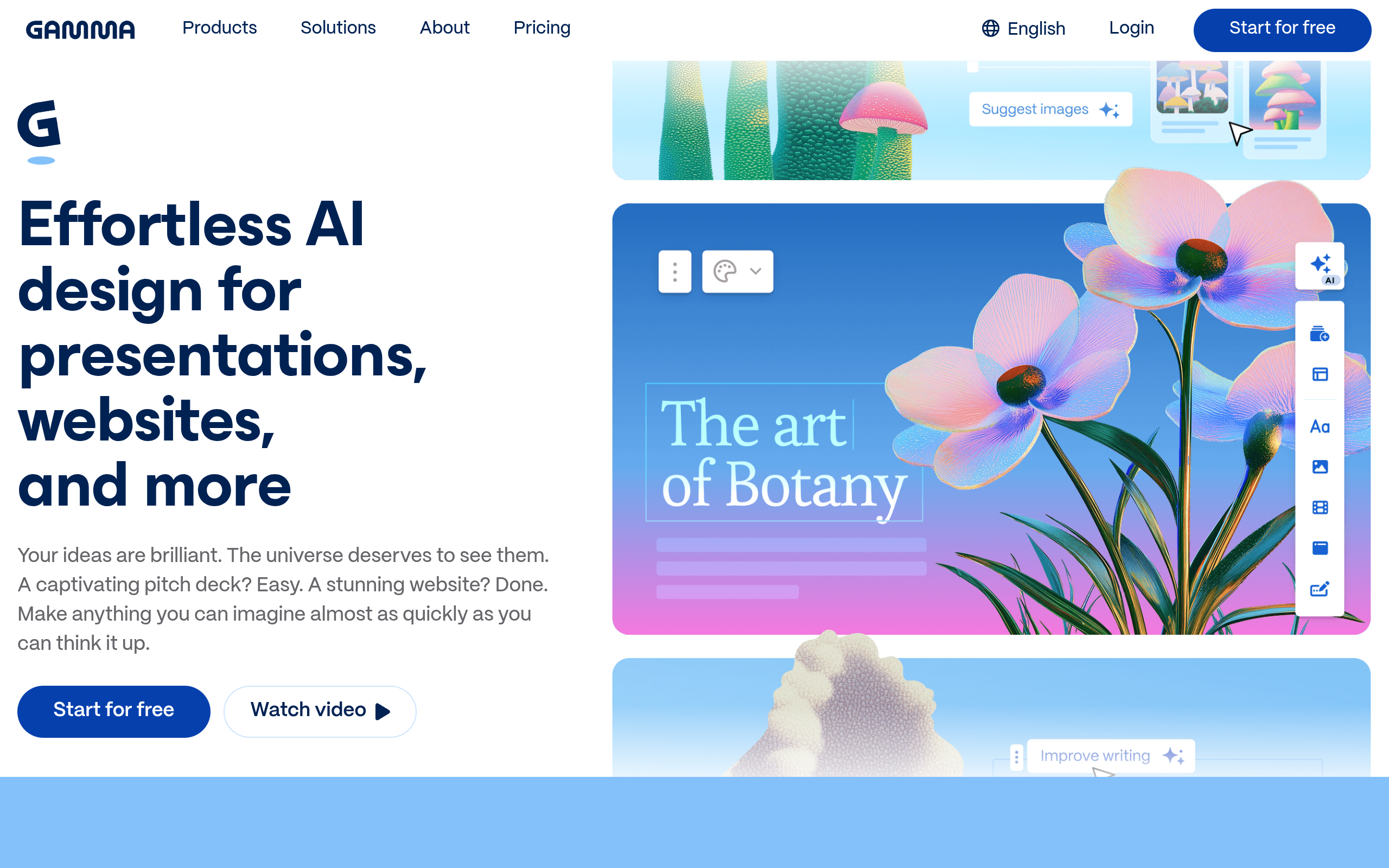 Gamma AI presentation builder homepage