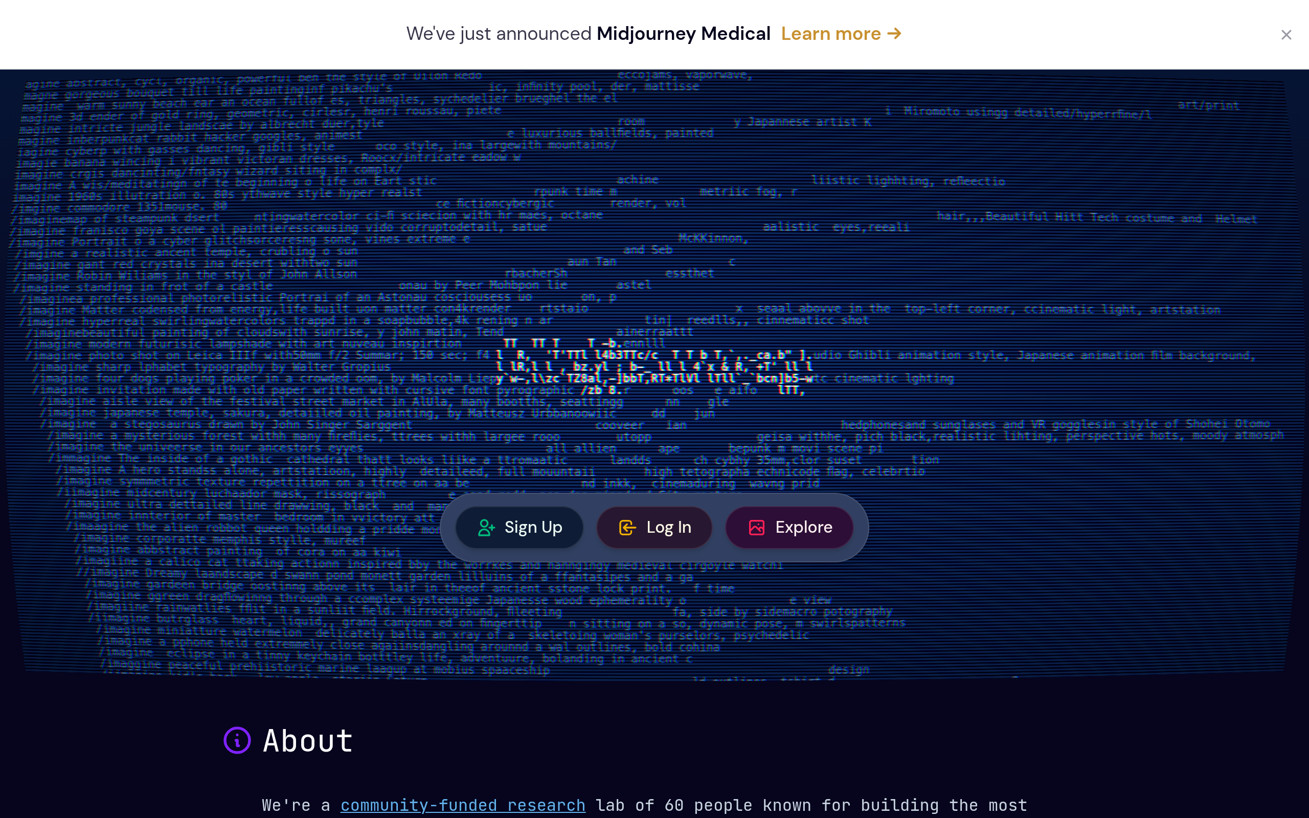 Midjourney AI image generation homepage