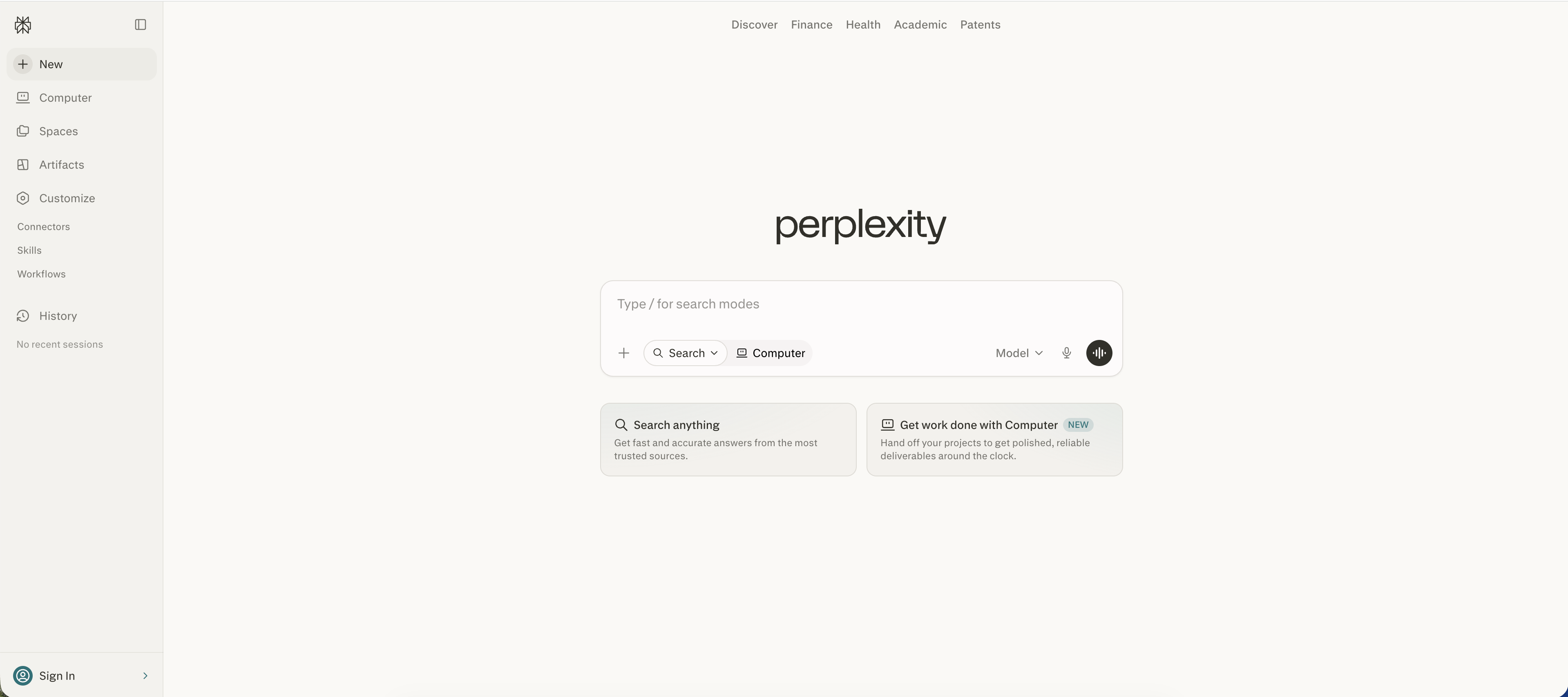 Perplexity AI search homepage