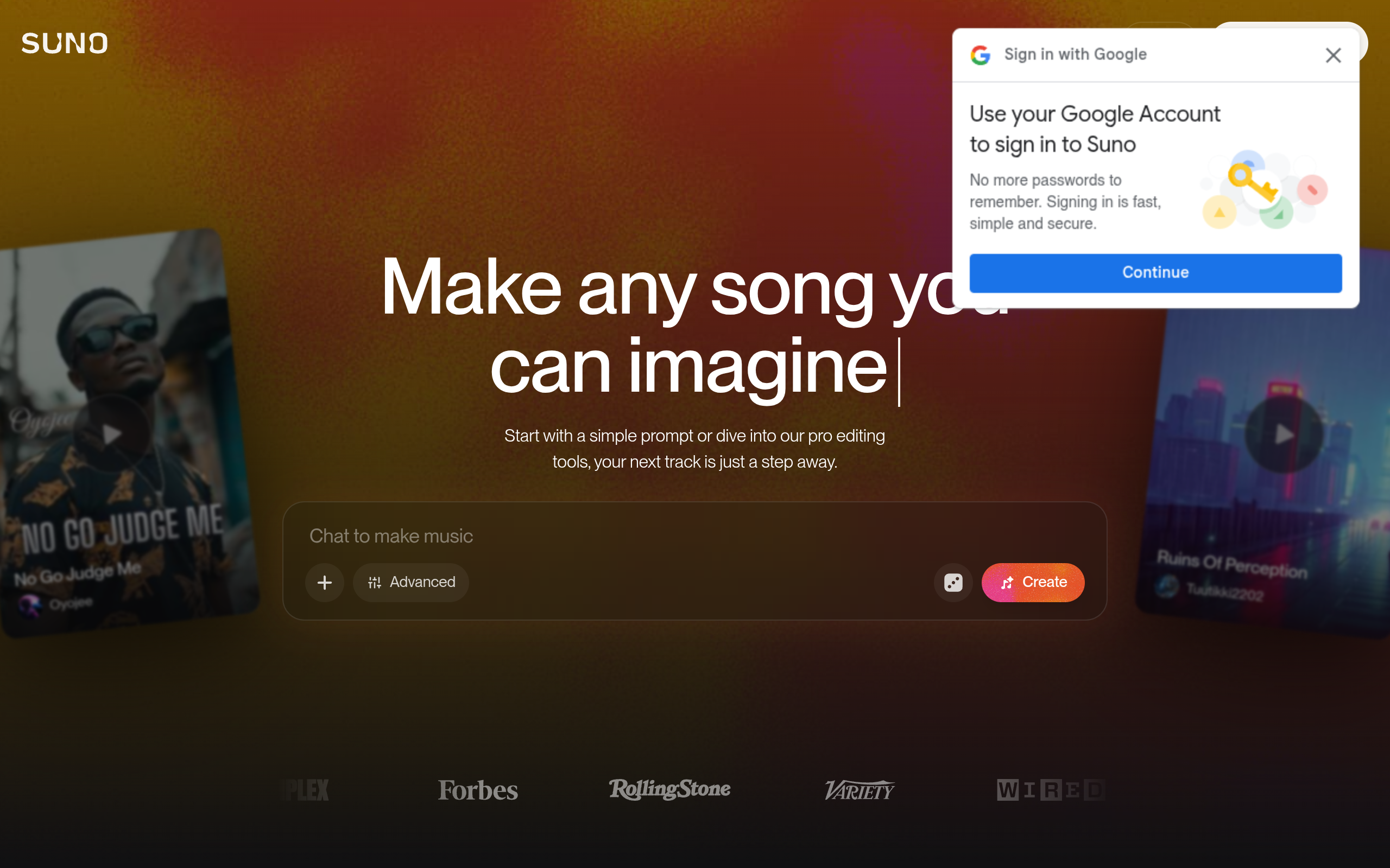 Suno AI music generation homepage