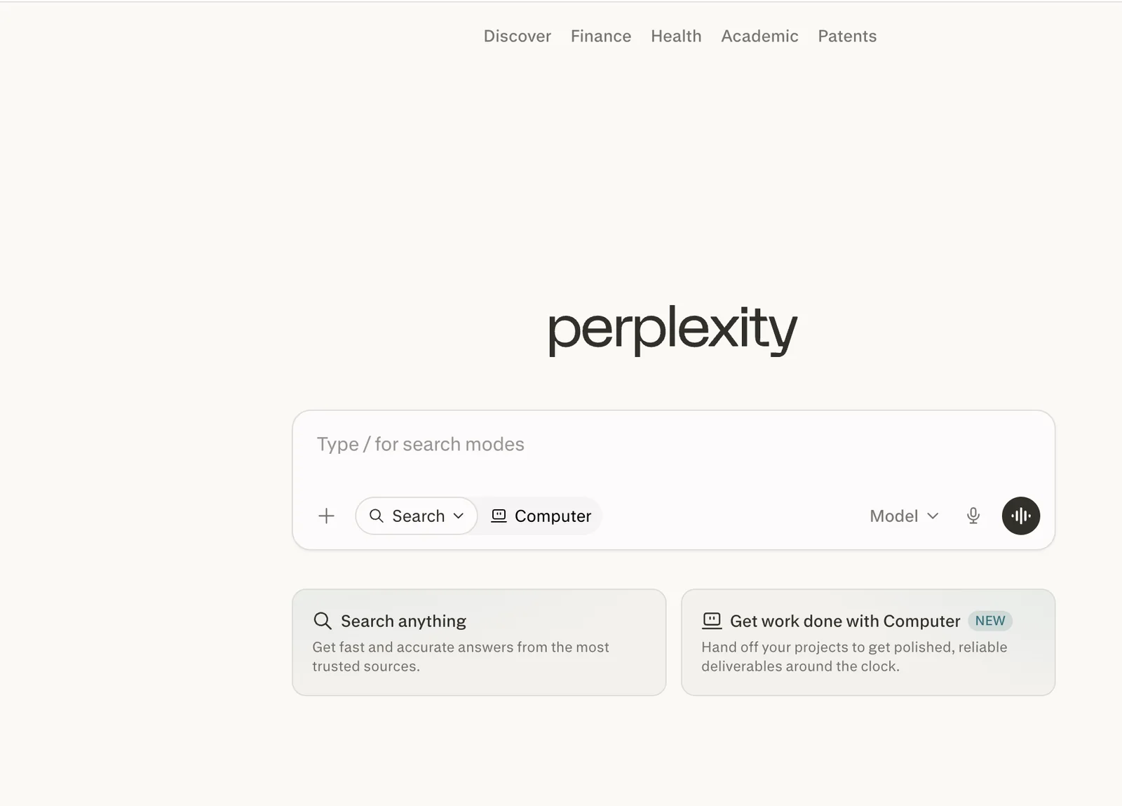 Perplexity AI search homepage