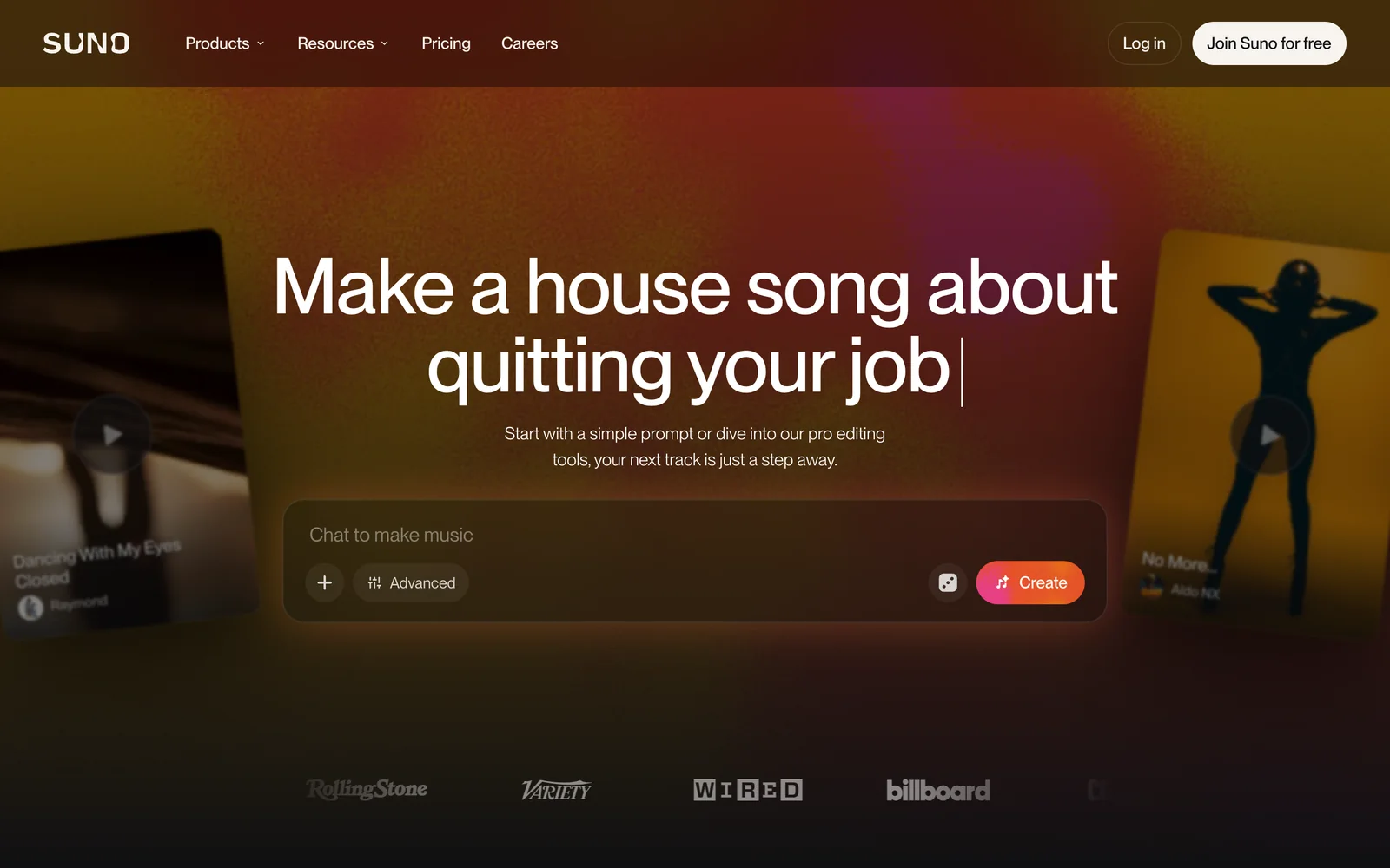 Suno AI music generation homepage